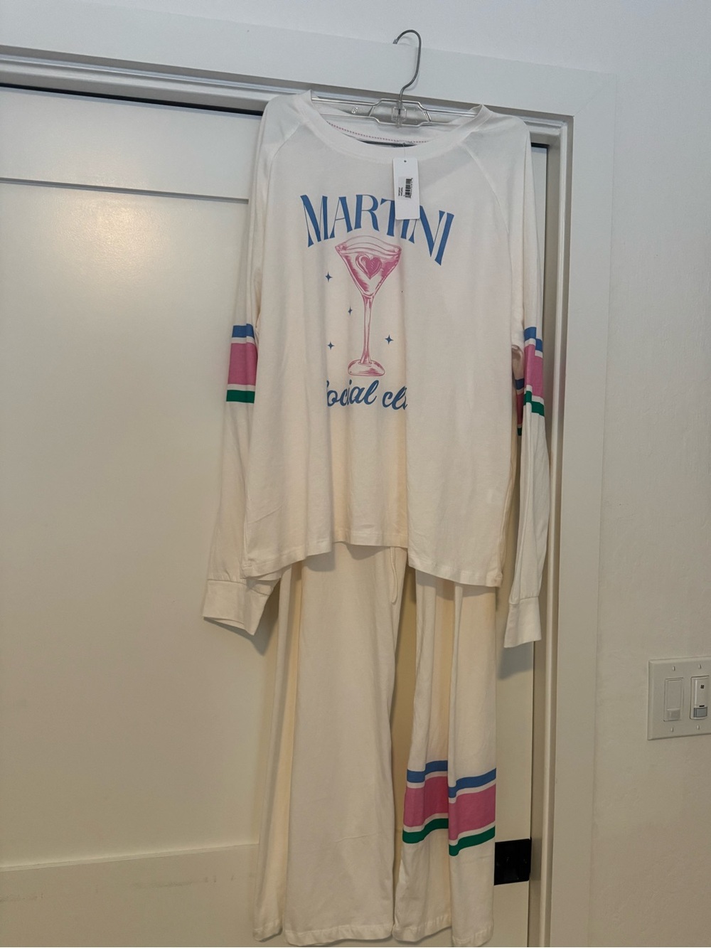 PJ Salvage Cream Pajama Set with Pink, Blue and Green Stripes